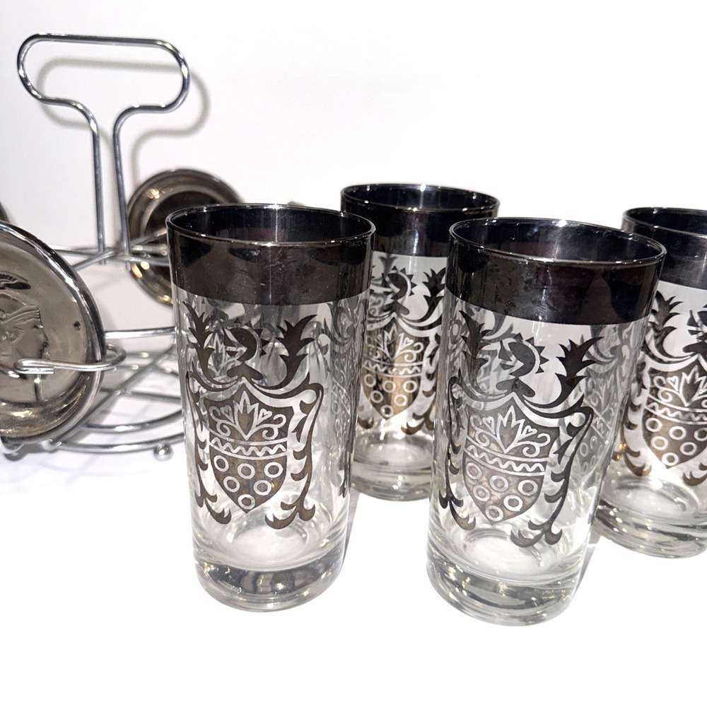 Kimiko Highball MCM Crest Glasses Silver Rim VTG Barware Caddy Coaster Set 4